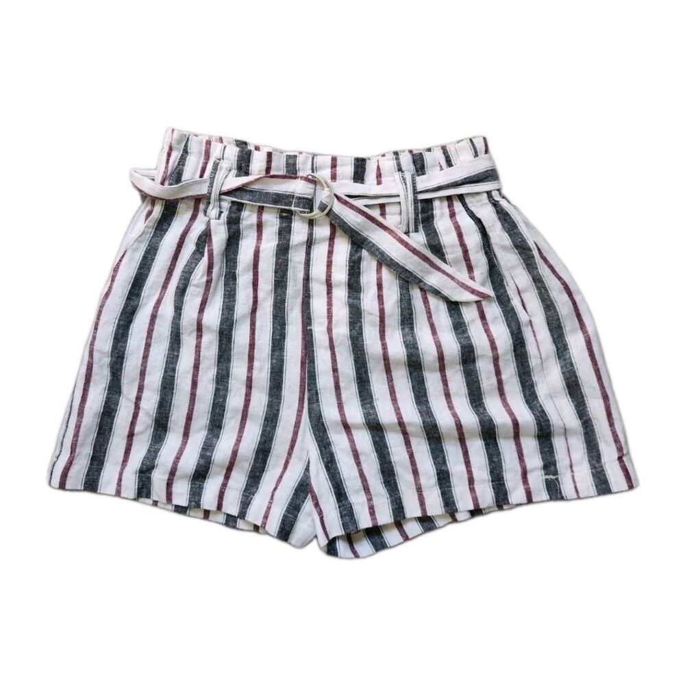 Love Tree Womens Linen Blend Paperbag Shorts Black Red & White Striped Sz M GUC